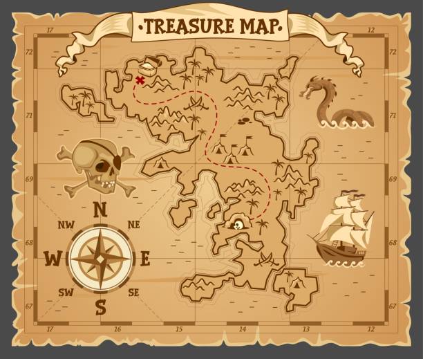 ilustrações de stock, clip art, desenhos animados e ícones de pirate treasure map on ruined old parchment - compass symbol direction guide