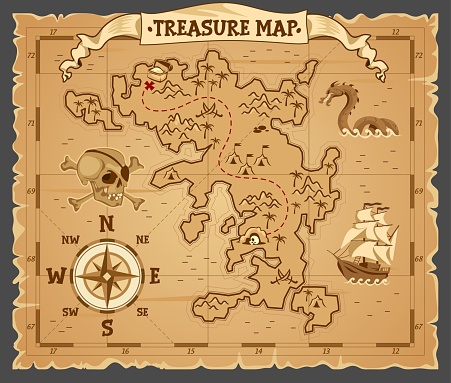 Pirate Treasure Map On Ruined Old Parchment Stock Illustration - Download  Image Now - Treasure Map, Map, Pirate - Criminal - iStock