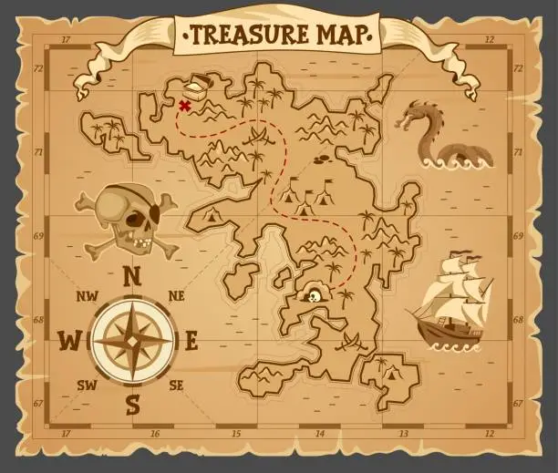 Vector illustration of Pirate treasure map on ruined old parchment