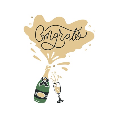 Uncork bottle with champagne and congrats inscription vector illustration. Glass with drink on greeting card flat style design. Festive celebration concept