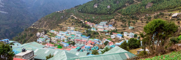 istock Namche Bazaar village on the way to Everest Base. Nepal. Web banner in panoramic view. 1237834874