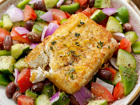 Greek Salad with Breaded, Pan Fried Feta Cheese (Saganaki)