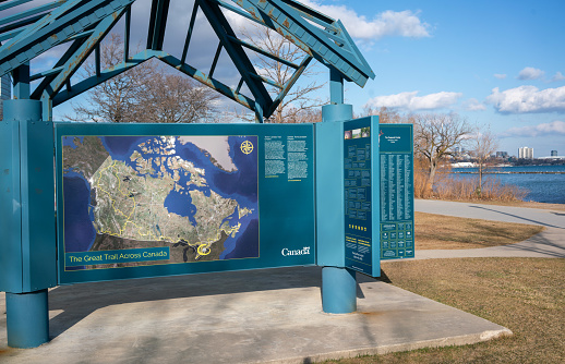 Toronto, Canada-March 18, 2020: Pavilion of The Great Trail in Sir Casimir Gzowski Park, Toronto