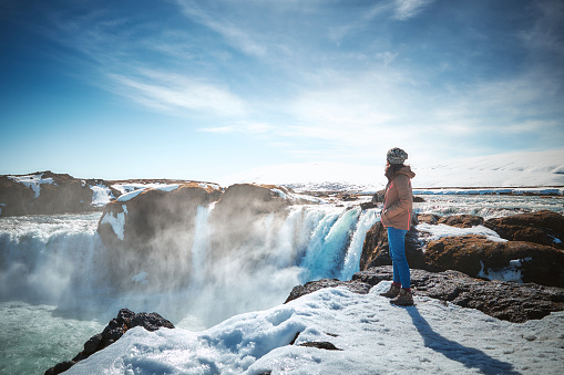 The landscape of Godafoss waterfall in the late winter on the sunny day, Iceland