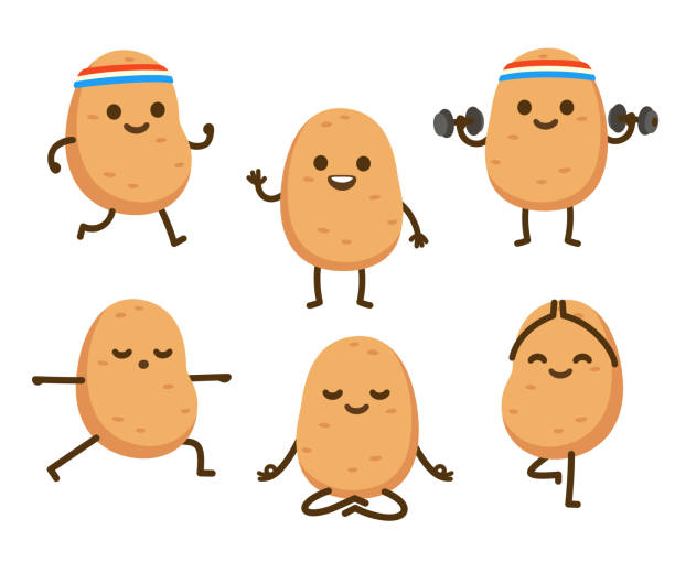 Funny cartoon potato character Cute cartoon couch potato fitness character illustration set. Funny potato jogging and lifting dumbbells, doing yoga and meditating. Cardio, strength training and wellness, vector clip art. gym drawings stock illustrations
