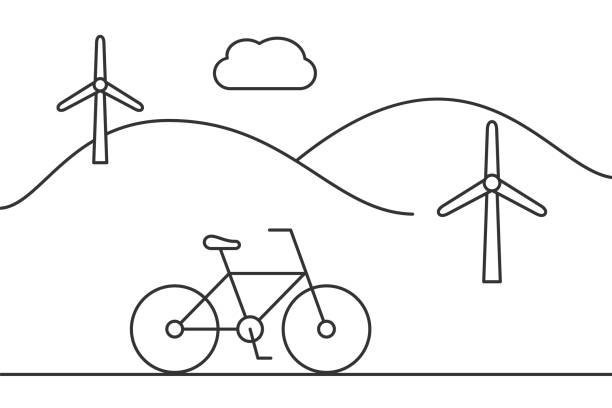 ilustrações, clipart, desenhos animados e ícones de bicicleta com ícones da linha de turbinas eólicas. paisagem com colinas e moinhos de vento. - landscape alternative energy scenics farm