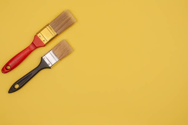 istock Paint brush on yellow background. The tool of the painter. Natural and artificial bristles. Repair tool. 1237894689