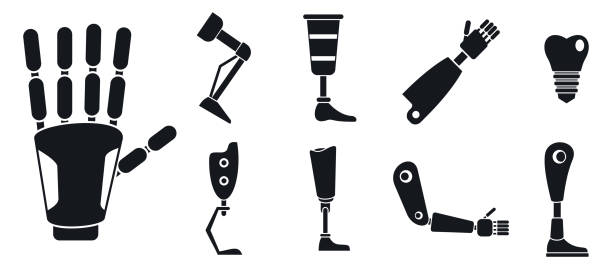 Artificial limbs prosthesis icons set, simple style Artificial limbs prosthesis icons set. Simple set of artificial limbs prosthesis vector icons for web design on white background prosthetic equipment stock illustrations