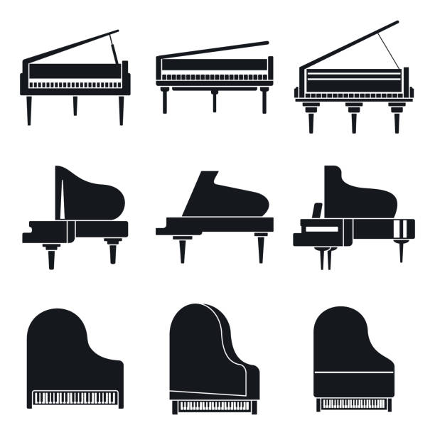 ilustraciones, imágenes clip art, dibujos animados e iconos de stock de conjunto de iconos de piano de cola de música, estilo simple - pianist grand piano piano playing