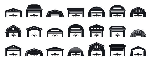 Hangar icons set, simple style Hangar icons set. Simple set of hangar vector icons for web design on white background airplane hangar stock illustrations