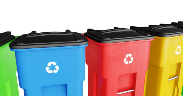 istock Colorful plastic garbage bins with waste recycle logo. 1237924733
