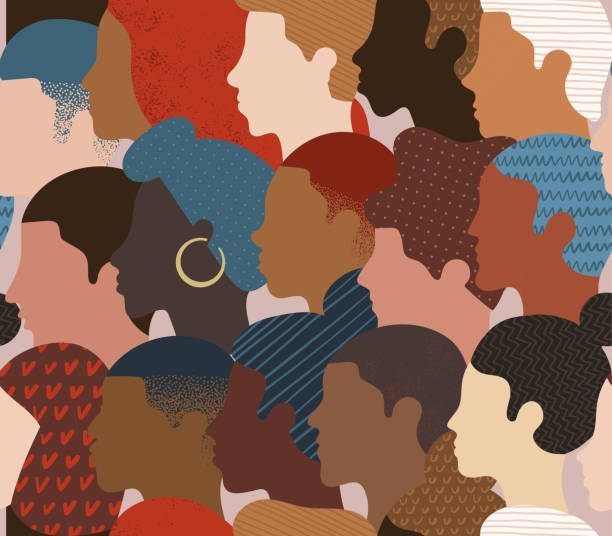 Seamless pattern of many different people profile heads. vector art illustration