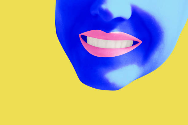 istock Blue skin face smiling on yellow background poster. 1237951744