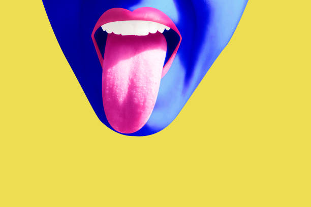 istock Blue skin face show tongue on yellow background poster. 1237951919