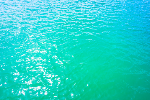 Texture of a turquoise water surface with small waves in the sun light as a background