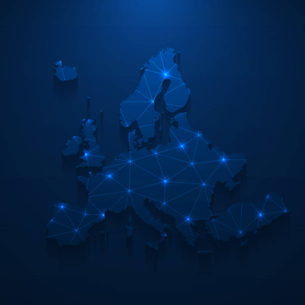 Europe map network - Bright mesh on dark blue background Map of Europe created with a mesh of thin bright blue lines and glowing dots, isolated on a dark blue background. Conceptual illustration of networks (communication, social, internet, ...). Vector Illustration (EPS10, well layered and grouped). Easy to edit, manipulate, resize or colorize. central europe stock illustrations