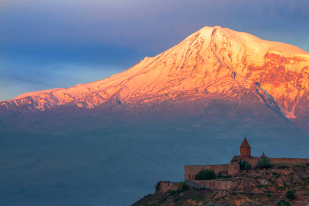 Sunrise over Ararat in Khor Virap Monastery. Armenia stock photo