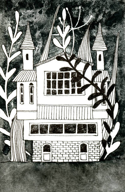 ilustraciones, imágenes clip art, dibujos animados e iconos de stock de antigua casa victoriana con flores y hojas. - house real estate residential structure townhouse
