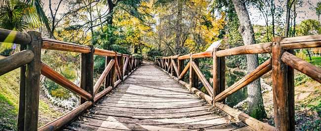 Wooden bridge inside the natural park in Madrid, Spain.