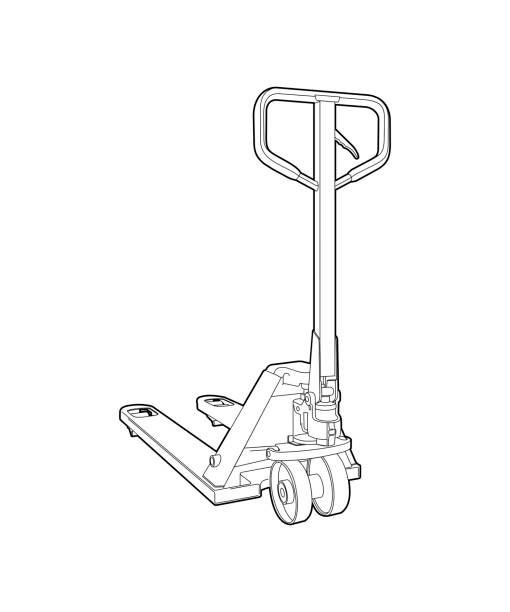 palettenwagen - lineare technische zeichnung. manueller gabelstapler für lager - illustration, malbuch. frachttransport. paletten, kisten und waren zu bewegen. logistik - hubwagen stock-grafiken, -clipart, -cartoons und -symbole