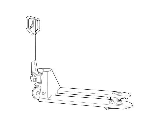 Vector illustration of pallet truck - linear technical drawing. manual forklift for warehouse - illustration, coloring book. cargo transportation. move pallets, boxes and goods. logistics