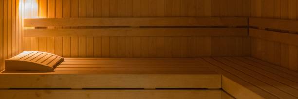 istock Panorama of a wooden Bench in Sauna 1238030416
