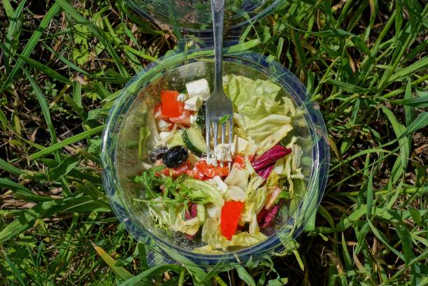 frisches griechisches salatfutter in einer plastikplatte mit metallgabel - cooking oil plastic oil fork stock-fotos und bilder