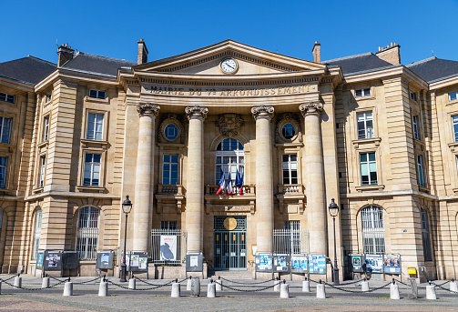 Paris, France - May 31 2020: City hall of the V arrondissement in Paris Latin quarter with official boards of candidates for 2020 French municipal election
