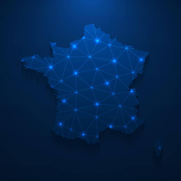 ilustrações de stock, clip art, desenhos animados e ícones de france map network - bright mesh on dark blue background - france