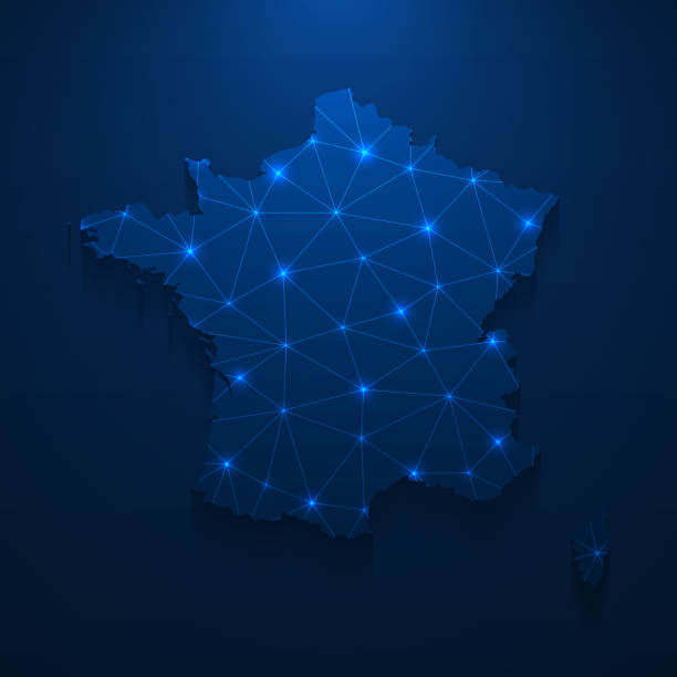 Map of France created with a mesh of thin bright blue lines and glowing dots, isolated on a dark blue background. Conceptual illustration of networks (communication, social, internet, ...). Vector Illustration (EPS10, well layered and grouped). Easy to edit, manipulate, resize or colorize.