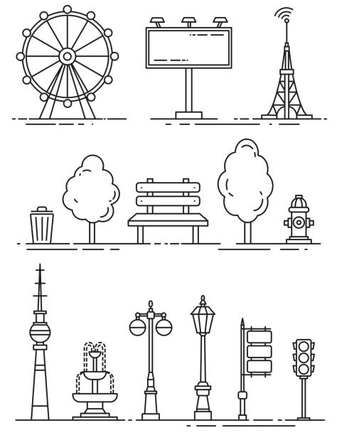 vector city elements outline isolated icons set vector city elements outline isolated icons set ferris wheel stock illustrations