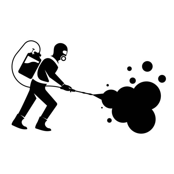 Black silhouette disinfection. Icon man in hazmat Black silhouette disinfection. Icon man in hazmat. Protective suit, gas mask for disinfection coronavirus. Toxic and chemicals protection. Spraying antibacterial. Biological precaution. Vector flat biohazard cleanup stock illustrations