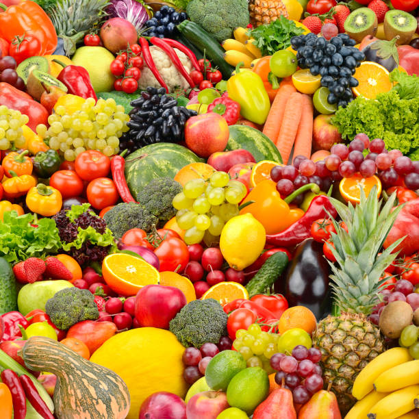istock Bright background for backdrop with healthy fruits and vegetables. 1238074454