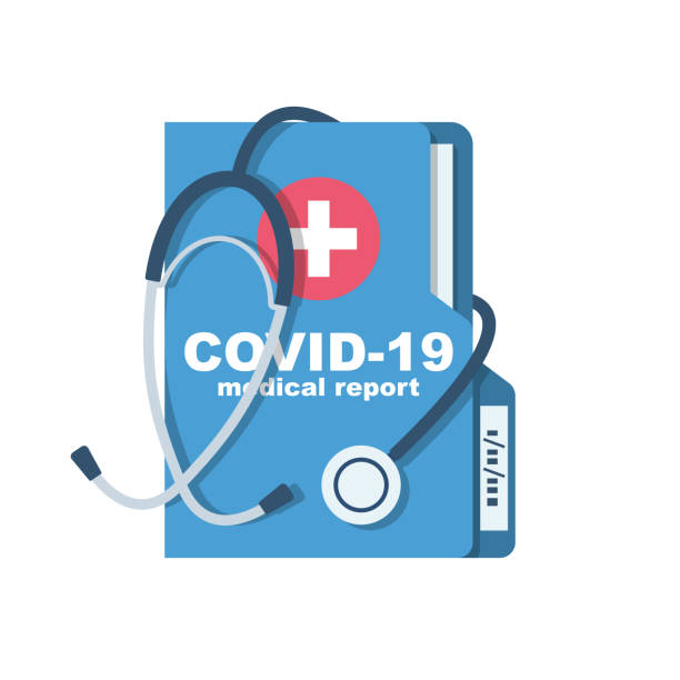 Medical report coronavirus covid-19. Stethoscope and notepad. Medical report coronavirus covid-19. Stethoscope and notepad. The document in the folder. Laboratory research, scientific medical data. Landing page healthcare. Vector illustration flat design. medical clipboard stock illustrations