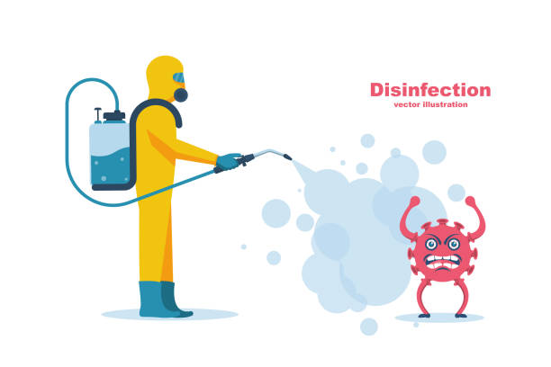 Disinfection coronavirus covid-19. Worker in chemical hazmat suit protection and equipment. Disinfection coronavirus covid-19. Worker in chemical hazmat suit protection and equipment. Spraying antibacterial. Biological precaution. Vector flat design. Isolated on white background. biohazard cleanup stock illustrations