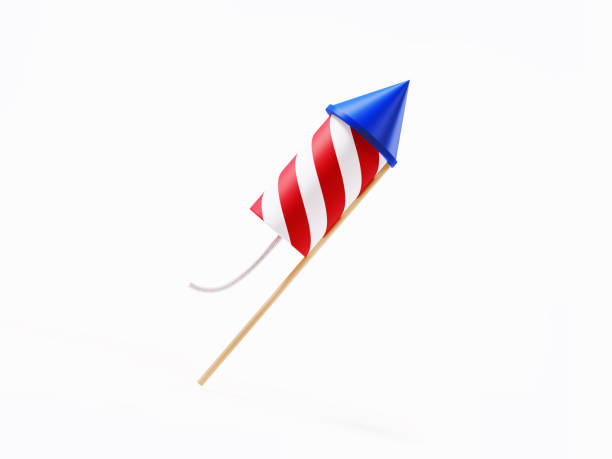 Firework Rocket Isolated On White Background Red blue and white striped firework rocket isolated on white background. Horizontal composition with copy space. Clipping path is included. firework explosive material photos stock pictures, royalty-free photos & images