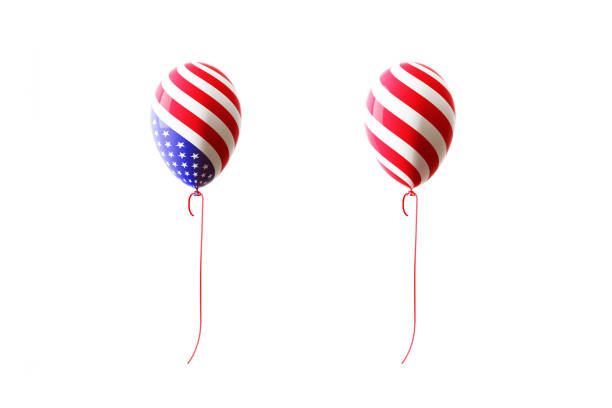Balloons textured with American flag on white background. Horizontal composition with clipping path and copy space. Front view. 4th  of July concept.