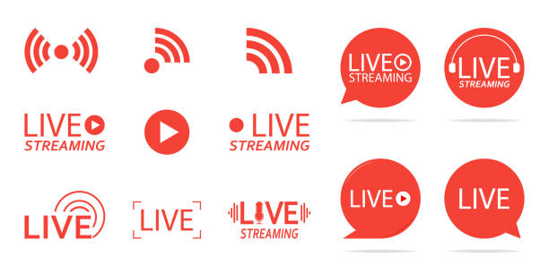 Set of live streaming icons. Red symbols and buttons of live streaming, broadcasting, online stream. third template for tv, shows, movies and live performances. Vector illustration. Set of live streaming icons. Red symbols and buttons of live streaming, broadcasting, online stream. third template for tv, shows, movies and live performances. Vector illustration radio logo stock illustrations