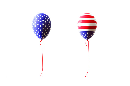 Balloons textured with American flag on white background. Horizontal composition with clipping path and copy space. Front view. 4th  of July concept.