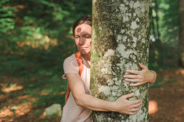 istock Woman is hugging tree trunk in forest, female environmentalist 1238107520