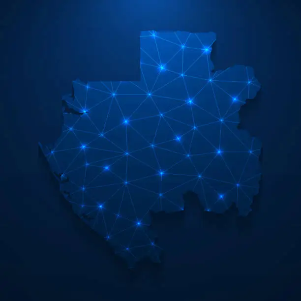 Vector illustration of Gabon map network - Bright mesh on dark blue background