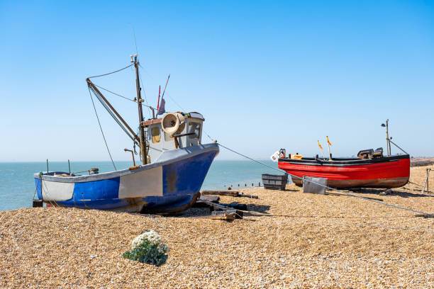 Fishing boats pulled up on to the shingle beach at Hythe, Kent, UK