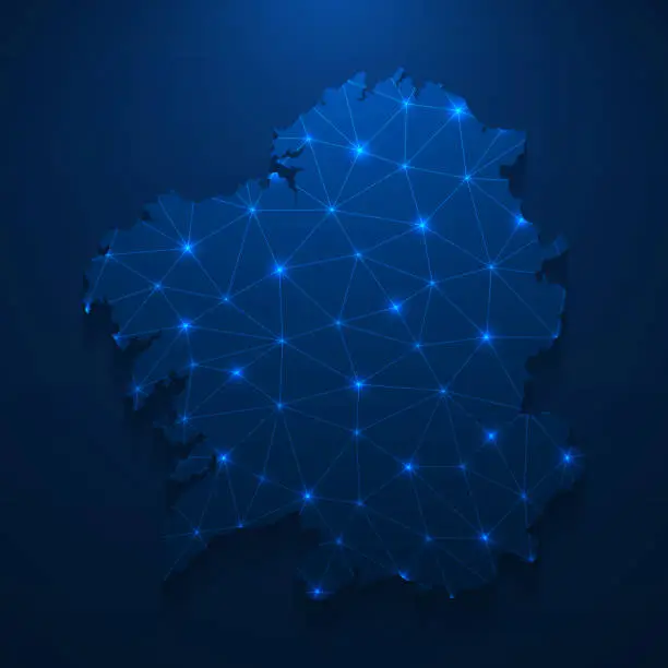 Vector illustration of Galicia map network - Bright mesh on dark blue background