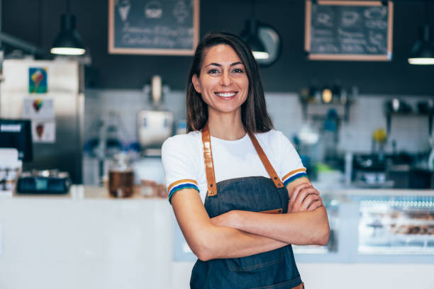 Small business Portrait of confident and happy female owner on Gelateria, smiling at camera franchising photos stock pictures, royalty-free photos & images