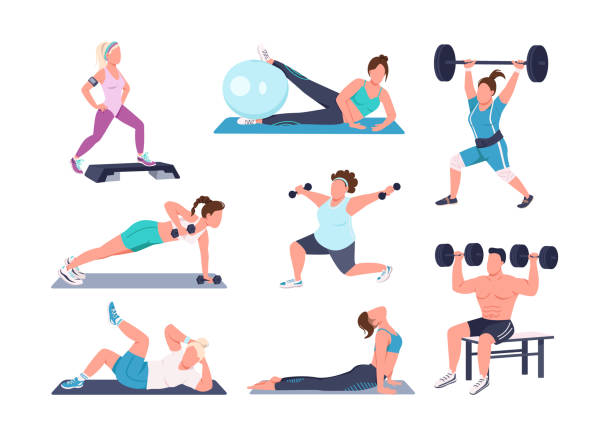 Working out people flat color vector faceless characters set Working out people flat color vector faceless characters set. Different physical exercises isolated cartoon illustrations on white background. Fitness at home. Bodybuilding, yoga and pilates high intensity interval training stock illustrations