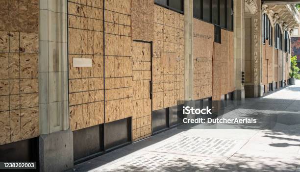 Boarded Up Windows During George Floyd Protest In Downtown Los Angeles Stock Photo - Download Image Now