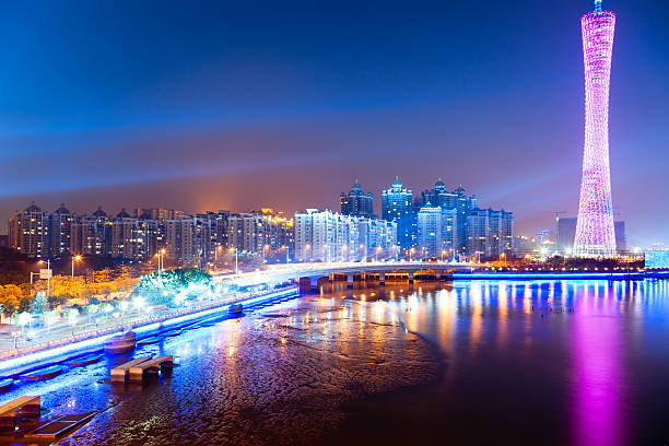 Zhujiang River and modern building of financial district at night in guangzhou china.