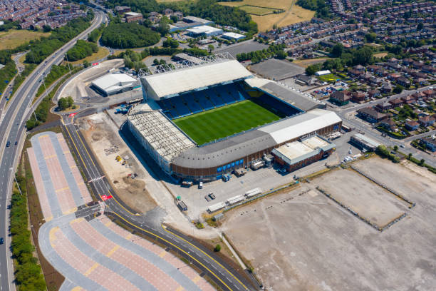 Aerial photo of the Elland Road football stadium in Leeds, West Yorkshire, England, which is home of Leeds United Football Club showing construction work in the car park stock photo