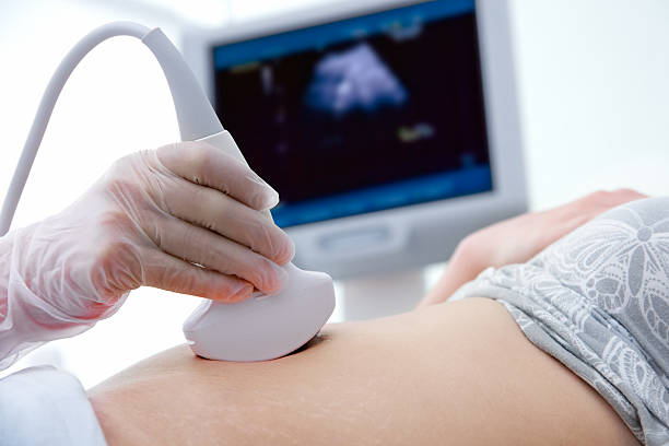 Diagnostics of pregnancy Pregnant woman getting ultrasound from doctor medical scanner photos stock pictures, royalty-free photos & images