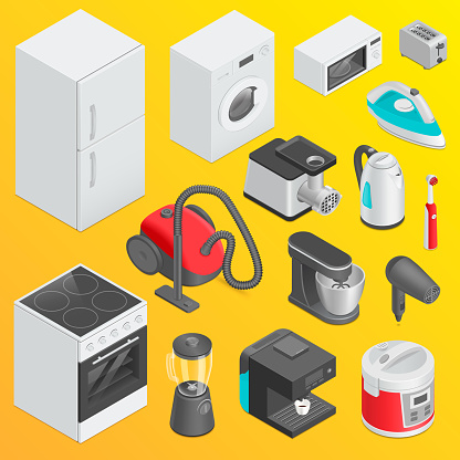 Home and Kitchen appliances set, isometric vector objects.